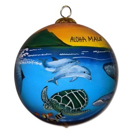 Collectible Hawaiian Humpback Whales Maui Ornament Hand-Painted Glass with Gift Box HW/M