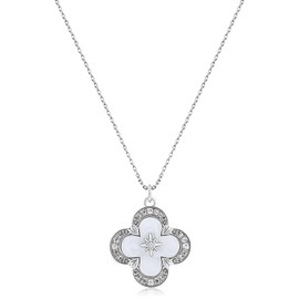 Silver Clover Necklace for Women 14K Gold Plated Mother of Pearl Clover Pendant Necklace Cubic Zirconia Lucky Four Leaf Clover Charm Necklace Adjustable Chain Trendy Party Jewelry Gift for Women