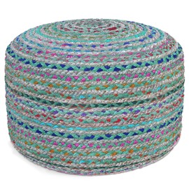 SIMPLIHOME Margo Boho Round Pouf in Green Braided Jute for the Living Room, Bedroom and Kids Room