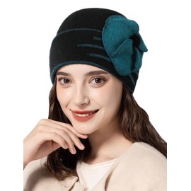 Sumolux Beanie Hats for Women Wool Beret Floral Cuffed Skull Cap French Vintage Dress Cloche Classic Winter 1920s Black Green