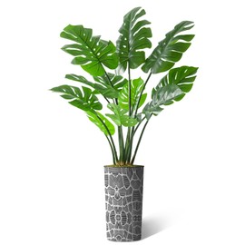 Artificial Tree in Contemporary Geometric Pattern Planter, Fake Monstera Silk Tree for Indoor and Outdoor Home Decoration - 65" Overall Tall (Plant Pot Plus Tree)