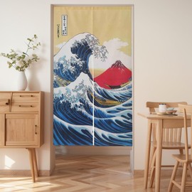 Vtrbwze Noren Japanese Doorway Curtain Tapestry Decorations Room Divider Curtain Privacy Anime Curtains (The Great Wave Off Kanagawa + Red Fuji, 33.5" W x 67" L) NR1251