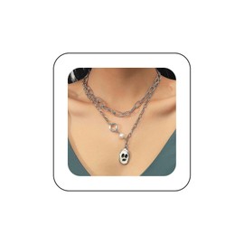Andelaisi Boho Layered Paperclip Chain Necklace Vintage Ghost Pendant Necklace Silver Pearl Necklace Choker Punk Ghost Face Choker Necklace Jewelry for Women