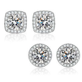 Reccisokz 2 Pairs of Men's Earrings Gold-Plated Cubic Zirconia Earlobe / CZ Earrings Round / Square Cut