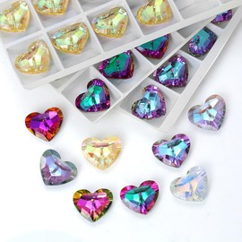 FSSTUD 24 Pcs Glass Crystal Heart Charms Large Heart Gemstone Pendants Gem Stone Charms Beads Jewelry Making Charms Colorful Crystal Birthstones Sew On Rhinestones for Clothing