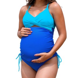 CUPSHE Women's Maternity Tankini Sets Two Piece Swimsuit V Neck Front Wrap Cutout Ruched Drawstring Color Block, M