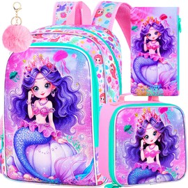 TXHVO 3Pcs Mermaid Backpack for Girls, 16" Kids Bookbag with Lunch Box, School Backpacks Set for Elementary Preschool Kindergarten(Pink)
