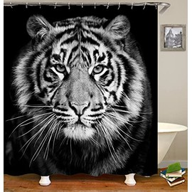 HUAZIYU Wild Animal Ferocious Tiger Black and White Background Decoration Shower Curtain Sets for Bathroom Fabric Machine Washable Digital Printing Decor with 12 Hooks, 72 x 72 Inches
