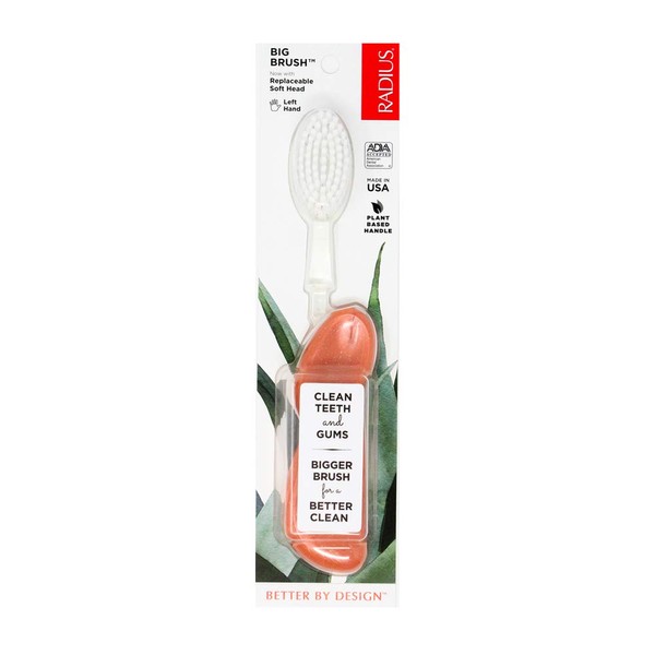 RADIUS Toothbrush Big Brush with Replaceable Head, Left Hand, Soft in Coral Sparkle, BPA Free and ADA Accepted, Designed to Improve Gum Health and Reduce the Risk of Gum Disease