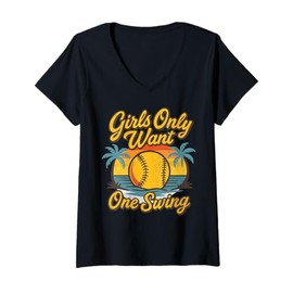 Womens Girls Only Want One Swing Softball Retro Summer V-Neck T-Shirt