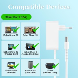 30W 18V 1.67A Power Supply for Echo Show 8, Echo Show 10, Echo Show 15, Echo Show 21, Echo (3rd/4th Gen), Echo Show (2nd Gen), Echo Plus (2nd Gen) Charger, 1.5 m Power Cable White