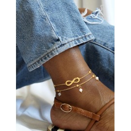 Ankle Bracelets for Women 14K Gold Plated Beaded Layered Pearl Anklets Bow Charm Chain Dainty Beach Jewelry Gifts for Women