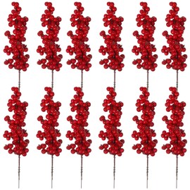 SMEILEE Christmas Red Berry Twig Stem, 12 Pack Artificial Burgundy Berry Picks for Christmas Tree Decorations, Crafts, Valentines, Wedding, Holiday Home Decor (Red)