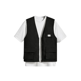 Verdusa Men's Sleeveless Letter Patched Buckle Zipper Flap Pocket Steampunk Cargo Vest Jacket Black A Medium
