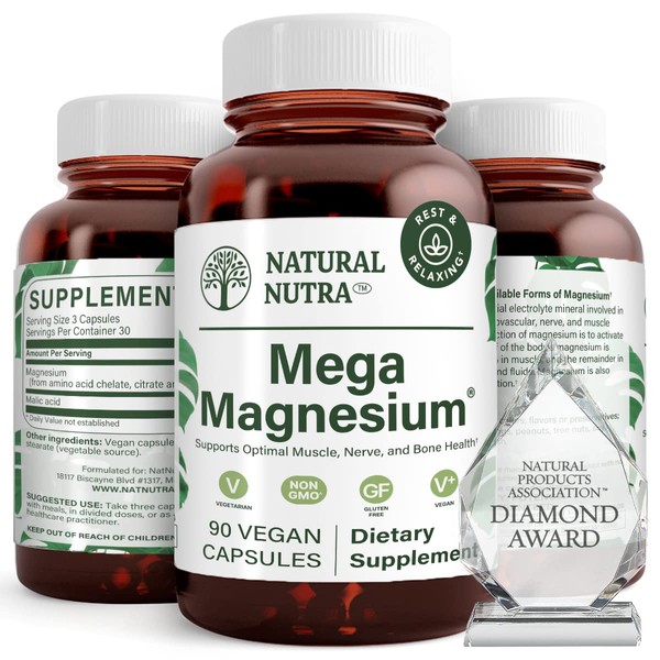 Natural Nutra Mega Magnesium Supplement from Amino Acid Malate, Chelate, Citrate, Improves Bone Strength 400 mg, 90 Capsules