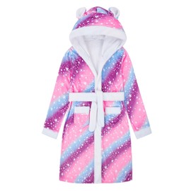 Funnycokid 10-12 Years Girls Robes Rainbow Colorful Flannel Bathrobes with Hood Fleece Sleepwear Kids Pool Cover Up