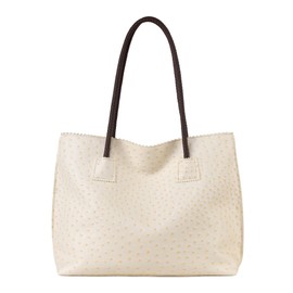 Milan Chiva Tote Bag for Women with Zipper Large Ostrich Vegan Leather Shoulder Purses and Handbags, Cream Beige, Large