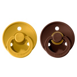 BIBS Colour Paquete de 2 chupetes. Libre de BPA, Tetina redonda. Látex natural, Talla 1 (0-6 meses) Mustard/Mocha