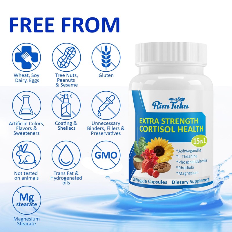RimTuku Cortisol Supplements for Women & Men -15-in-1 Cortisol Detox