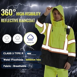 SKSAFETY Hi Vis Reflective Work Rain Jacket for Men - High Vis Class 3 Safety Rain Coat Mens, High Visibility Rain Gear for Men Waterproof with Black Bottom