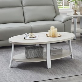 Roundhill Furniture Anze Contemporary Oval Wood Shelf Coffee Table in White Finish