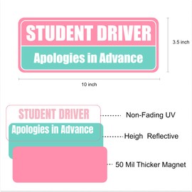 Lusinus Pink Student Driver Magnet for Car - 2-Pack Reflective Magnetic Bumper Sticker Set - Removable Novice Driver Safety Attention Sign - Weather-Resistant 10 x 3.5