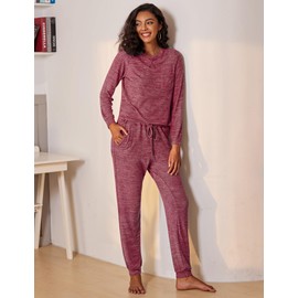 Ekouaer Women's Pajamas Long Sleeve Pjs Set Loungewear Soft 2 Pieces Ladies Sleepwear with Pockets Winter Red S