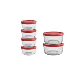 Anchor Hocking 12 Piece Glass Storage Containers with Lids (6 Glass Food Storage Containers & 6 Red SnugFit Lids)