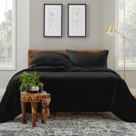 Cosy House Collection Luxury Duvet Cover Set 3-Piece - Blend of Rayon Derived from Bamboo - Ultra Soft Bedding - Zippered Comforter Protector, Includes 2 Pillow Shams (Full/Queen, Black)