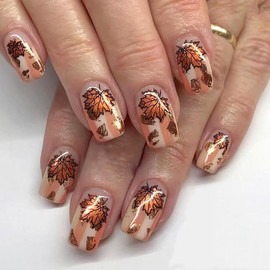 Vopintpy Gold Foil Maple Leaf Press on Nails Medium Square Fall Maple Leaves Fake Nails Glossy Thanksgiving Acrylic Glue on Nail Autumn Stripe Stick on Nail for Women DIY Manicure