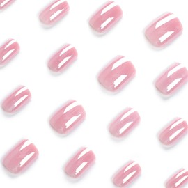 Pink Press on Nails Short Square SWEKKE Fake Nails Flash Light Pink Full Cover Glue on Nails Glossy False Nails with Nail Glue Stick on Nails Manicure Artificial Acrylic Nails for Women Girls 24Pcs