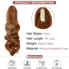 Leterly Ponytail Extension Clip in Claw 18" Curly Wavy Pony Tails Clip-on Long Hairpiece Jaw for Women Light Auburn Mix Ash Blonde