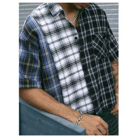 Verdusa Men's Plaid Cropped Shirt Drop Shoulder Streetwear Loose Button Down Tops Multicolor Small
