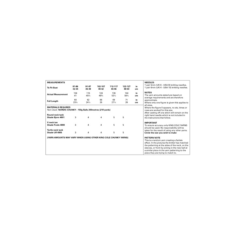 King Cole 5905 Adult Chunky Tank Tops Knitting Pattern