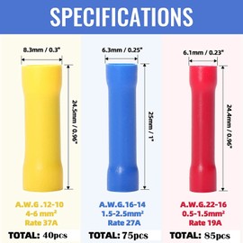 RUNCCI-YUN Pack of 200 Cable Connectors, Butt Connector Set, Crimp Connectors, Automotive Cable Crimping Terminals, Electrical Insulated Butt Connectors, Cable Connectors, for Cables - Red/Yellow/Blue