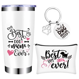 Dog Mom Gifts for Women - 3 Piece Puppy Themed Gifts Includ 20 Oz Coffee Cup Thermos Cup Dog Mom Keychain Dog Lover Makeup Pouch|Birthday for Dog Lovers, Puppy Mom, Wife