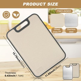 Cutting Boards for Kitchen, Rust-Resistant Double Sided Kitchen Cutting Board, 15.2" x 10.5", Stainless Steel & Wheat Straw PP Chopping Board with Juice Groove & Garlic Grinder, Dishwasher Safe