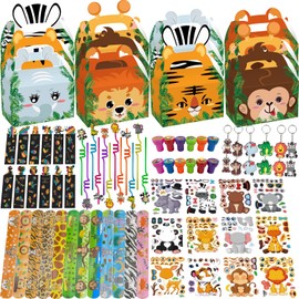 NlsqEU Jungle Party Bag Set, Animal Party Bags, Jungle Party Bags, Gift Bags, Snap Bracelet, Straw, Key Chain, Bookmark, Toy Stamp, DIY Stickers