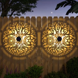 gardencave 4 Pack Solar Fence Lights Metal Solar Powered Outdoor Wall Deck Step Lights Tree Theme Waterproof Fence Light for Garden Post Patio Backyard Yard Decor (Tree, 4 Pack)