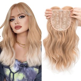 S-noilite Synthetic Clip-in Wigs with Bangs for Women with Thinning Hair - 18 inch Mixed Blonde to White Highlights Wavy Wiglets with 6x6 Large Base Toppers