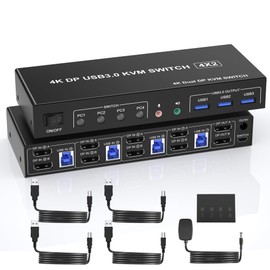 USB 3.0 Displayport Dual Monitor KVM Switch for 4 PCs, 4K 60Hz KVM Switch 2 Monitors 4 Computers, with Audio Microphone Output and 3 USB 3.0 Ports, DP Monitor Switch for 4 PCs 2 Monitors
