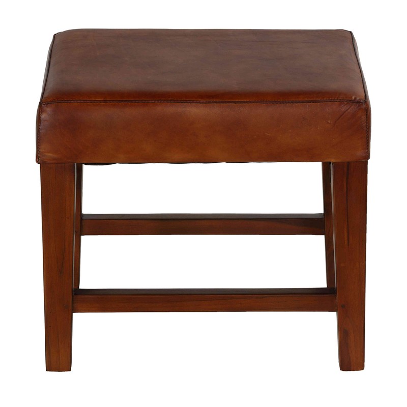 Bare Decor Alvin Genuine Leather Ottoman with Solid Teak Wood