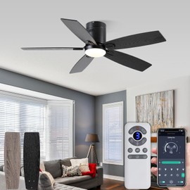 52 Inch Ceiling Fan with Light and Remote, Modern Black Ceiling Fan Flush Mount, 3 Color Temperatures 6 Fan Speeds Timer Silent Reversible DC Motor for Patio Farmhouse Bedroom Garage Dining room