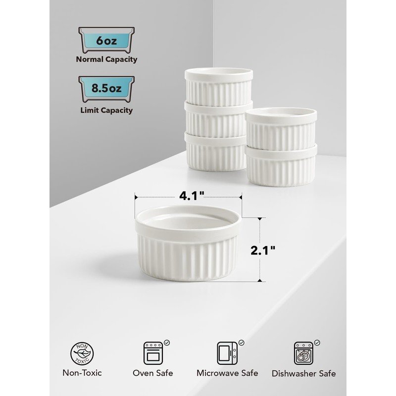 LE TAUCI Ramekins 6 OZ, Ceramic Souffle Dishes, Oven Safe
