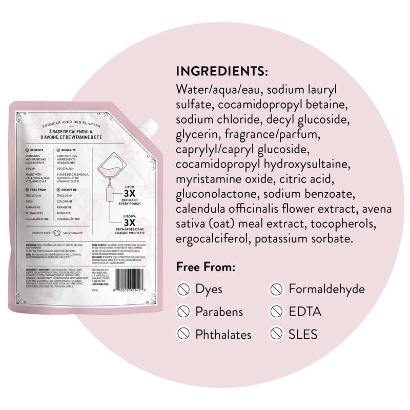 J.R. Watkins Rosewater Liquid Hand Soap Refill Pouch 1 L