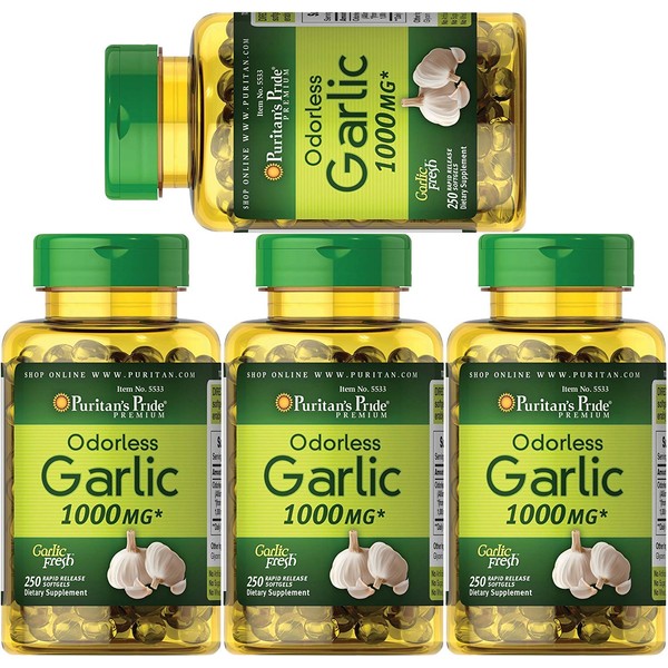Pack of 4 Puritan's Pride Odorless Garlic 1000 mg, 250 Softgels