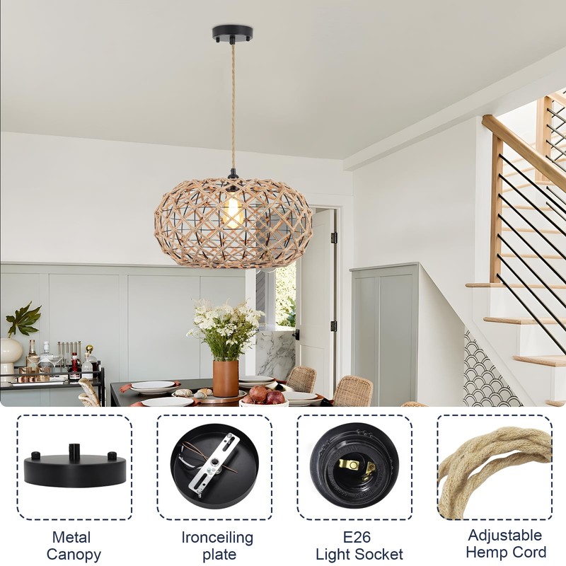 ASCMZOS Hemp Rope Pendant Light Kit, Boho Pendant Light Fixture