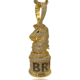 ICEDIAMOND Sparkling CZ Diamond Knight Chess Pendant Chain Necklace, 18K Gold Plated Iced Out Big Warhorse Cavalry Pendant, Hip Hop Charm Jewelry for Men (Gold)