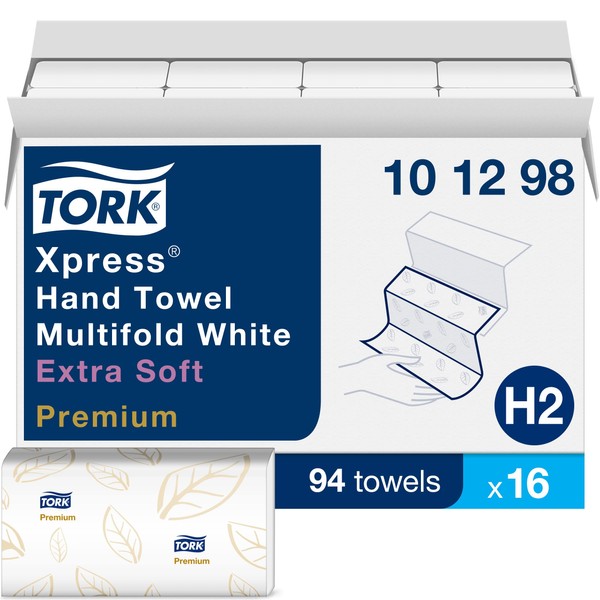 Tork Extra Soft Multifold Hand Towel White with Blue Leaf Print, Premium Quality, 4-Panel, 94 Towels per Pack, 16 Packs, Fits H2 Dispensers