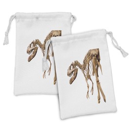 Ambesonne Dinosaur Fabric Pouch Set of 2, Archeology Museum Theme Wild Tyrannosaurus Rex Skeleton Jurassic Period, Small Drawstring Bag for Toiletries Masks and Favors, 9" x 6", Pale Caramel White